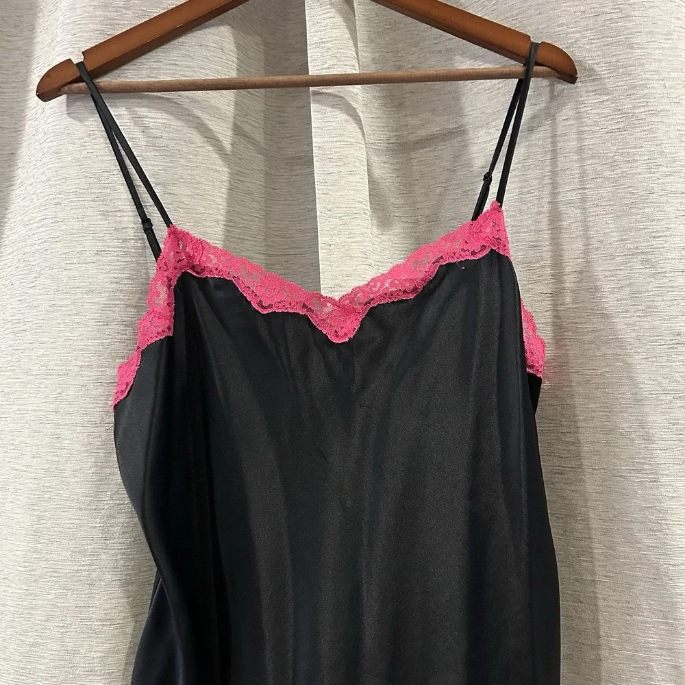 Y2K Vintage Sexy Victoria's‎ Secret Black With Pink Lace Slip Dress Size Large